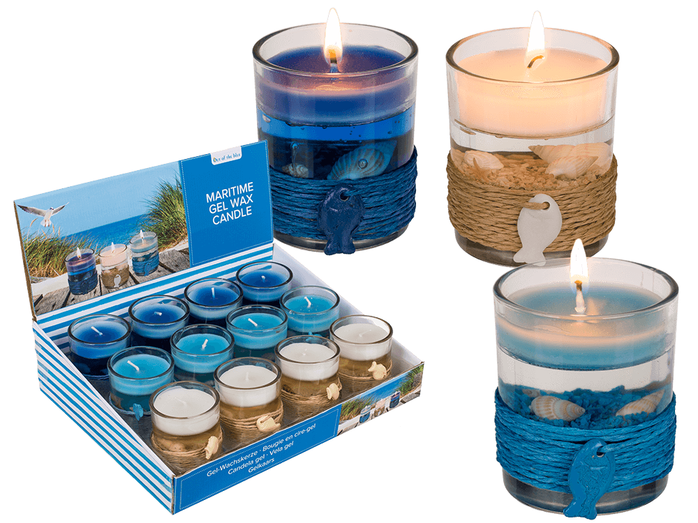Gel wax candle in glass, with sisal maritime deco,
