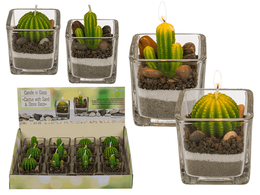 Candle in glass, Cactus with sand & stone deco,