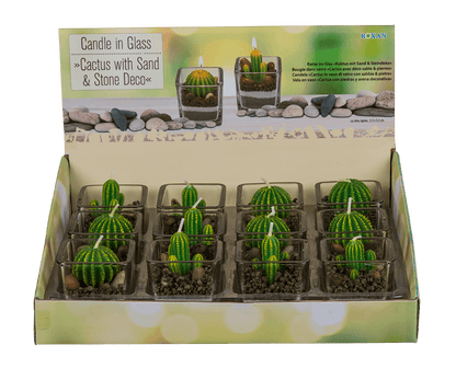 Candle in glass, Cactus with sand & stone deco,