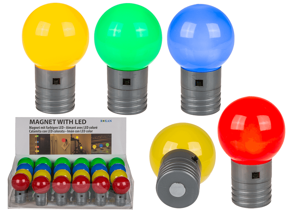 101485_000.png Kleurige LED-ballen met magneet, 4,5 cm, in rood, groen, blauw en geel, 24 stuks in displaydoos.