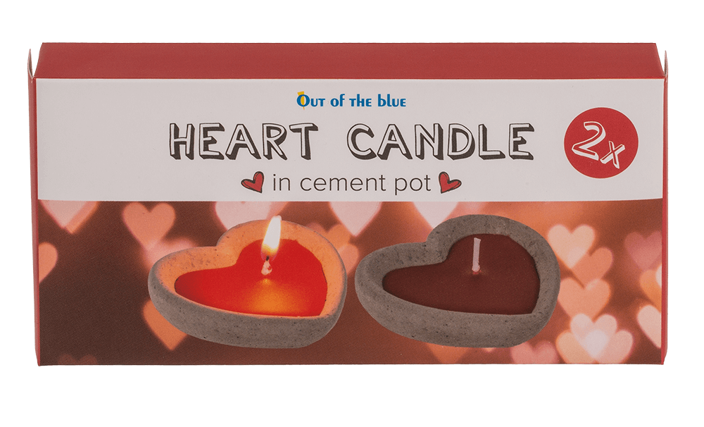 Red candle in cement pot, heart shaped,