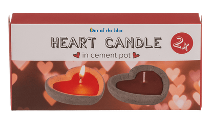 Red candle in cement pot, heart shaped,
