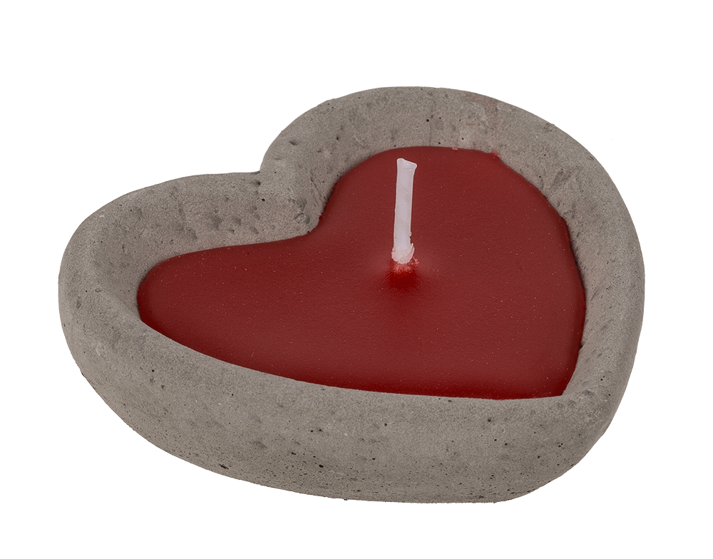 Red candle in cement pot, heart shaped,