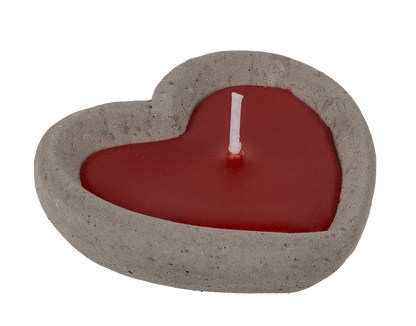 Red candle in cement pot, heart shaped,