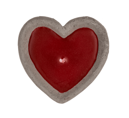 Red candle in cement pot, heart shaped,