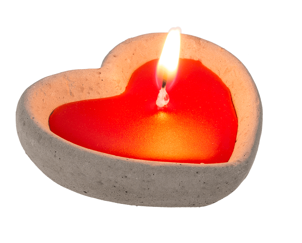 Red candle in cement pot, heart shaped,