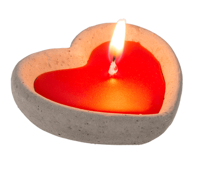 Red candle in cement pot, heart shaped,