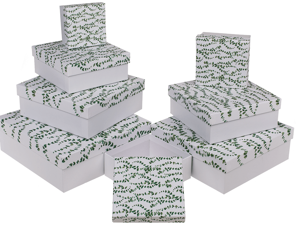 White gift boxes, Eucalyptus,