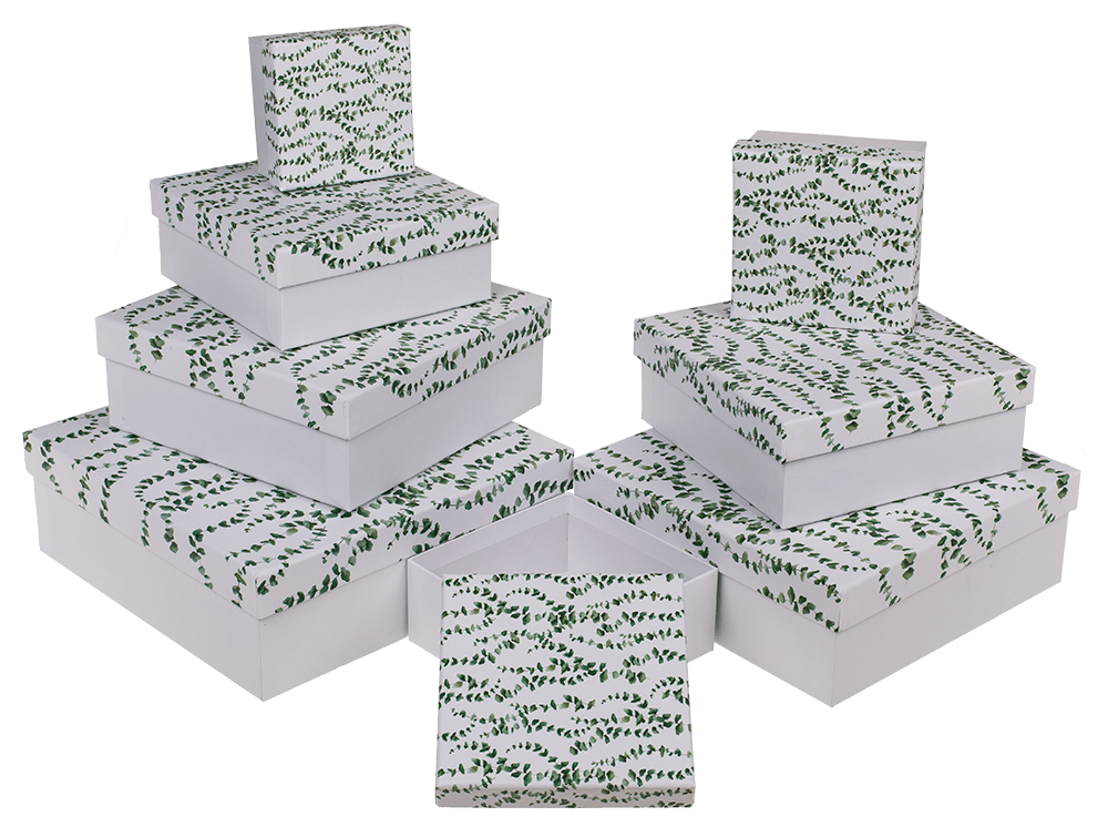 White gift boxes, Eucalyptus,
