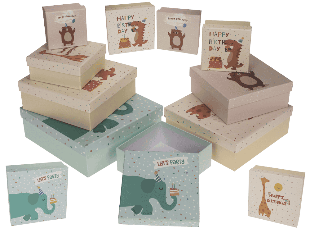 Multicoloured gift boxes, Birthday animals,