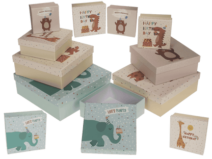 Multicoloured gift boxes, Birthday animals,