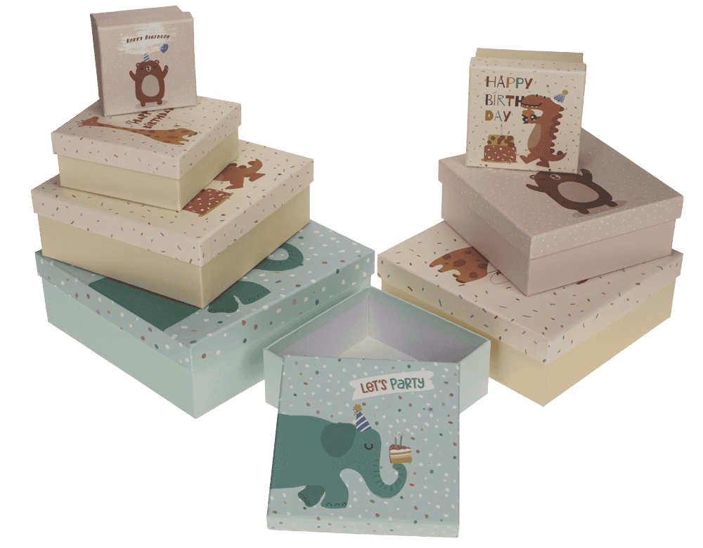 Multicoloured gift boxes, Birthday animals,