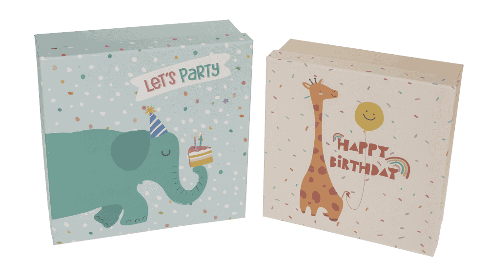 Multicoloured gift boxes, Birthday animals,