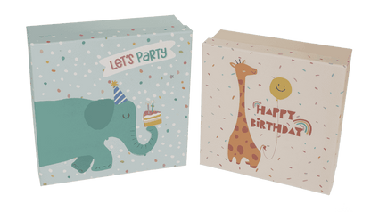 Multicoloured gift boxes, Birthday animals,