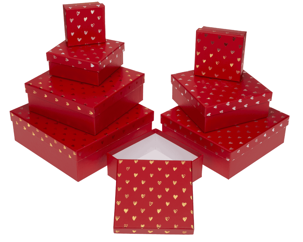 red coloured gift boxes, Shiny Hearts,