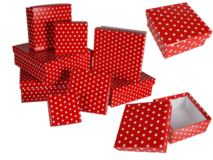 Red gift boxes with white dots,
