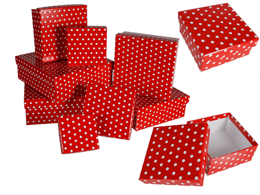Red gift boxes with white dots,