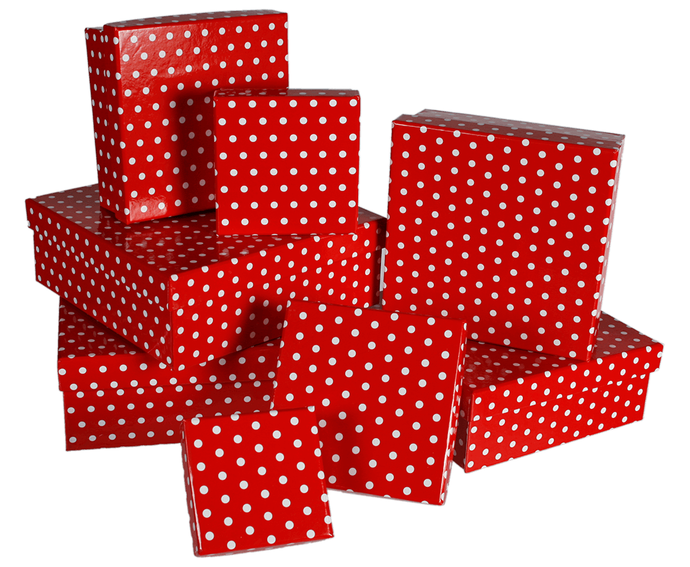 Red gift boxes with white dots,