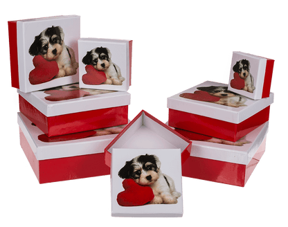 Red/white gift boxes, Dog with heart,