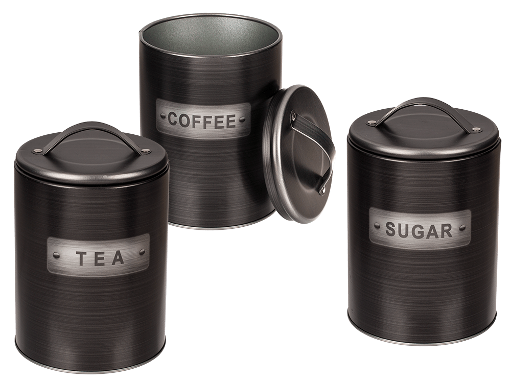 Black, round metal tin,