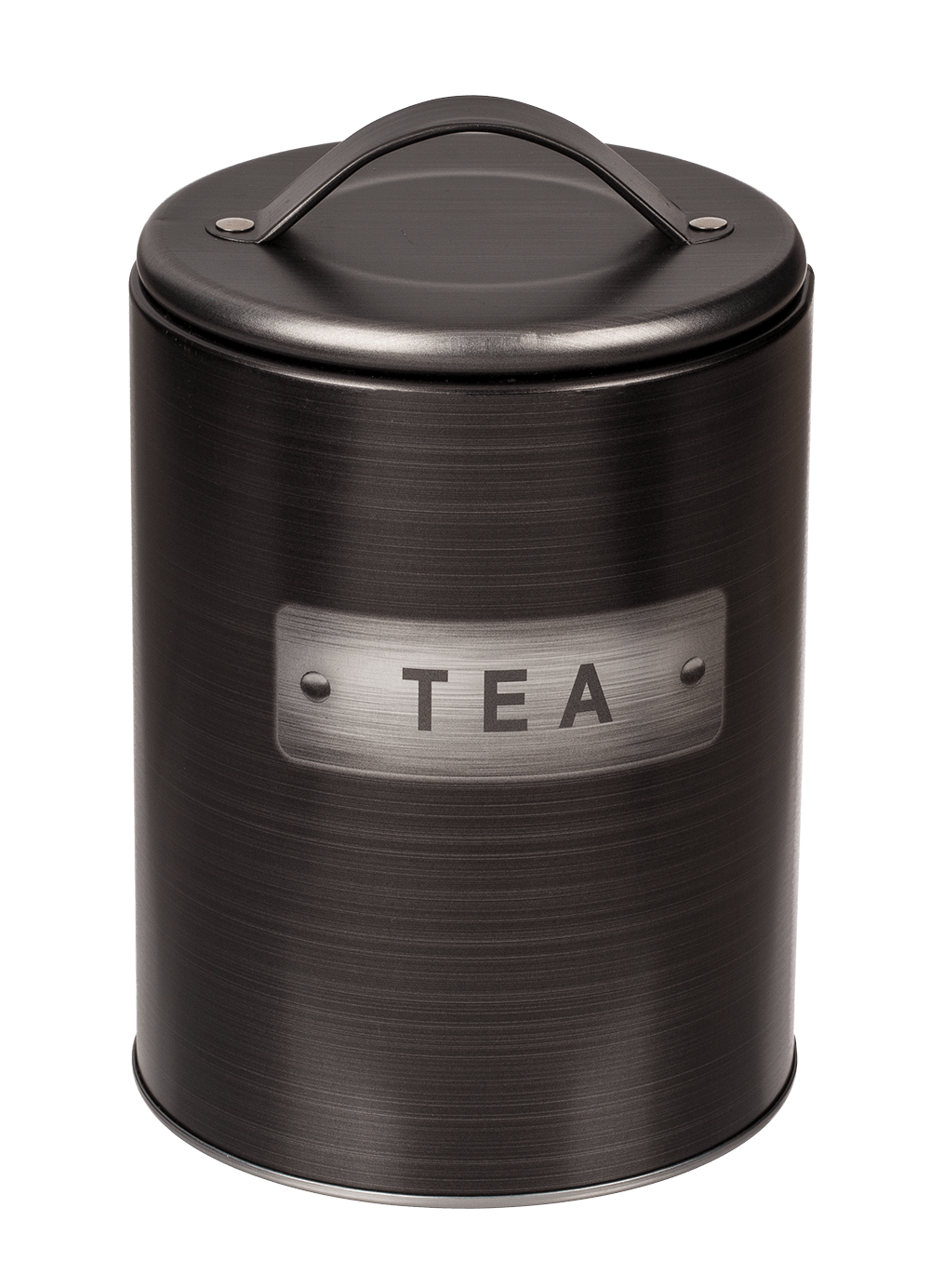 Black, round metal tin,