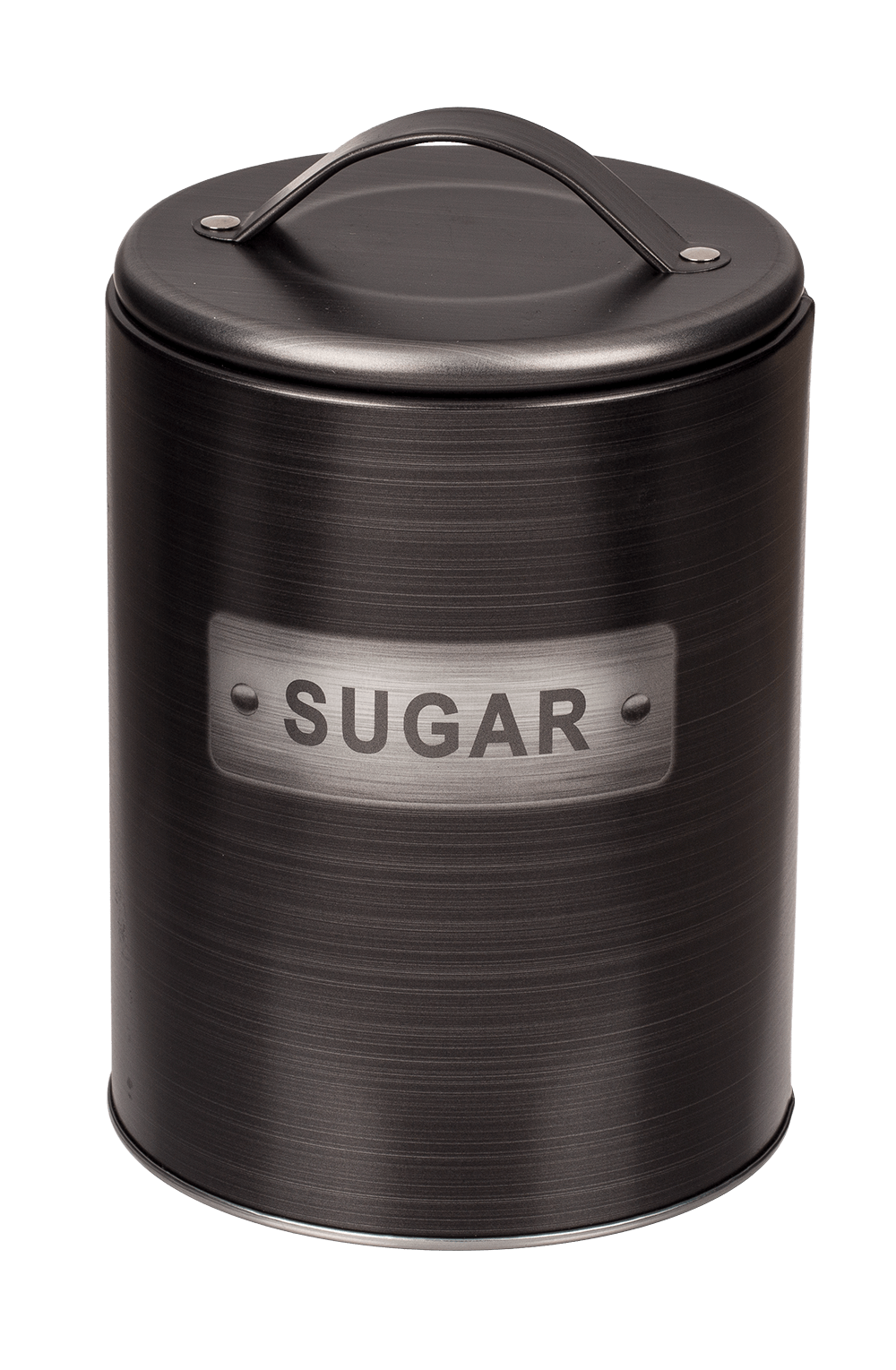 Black, round metal tin,