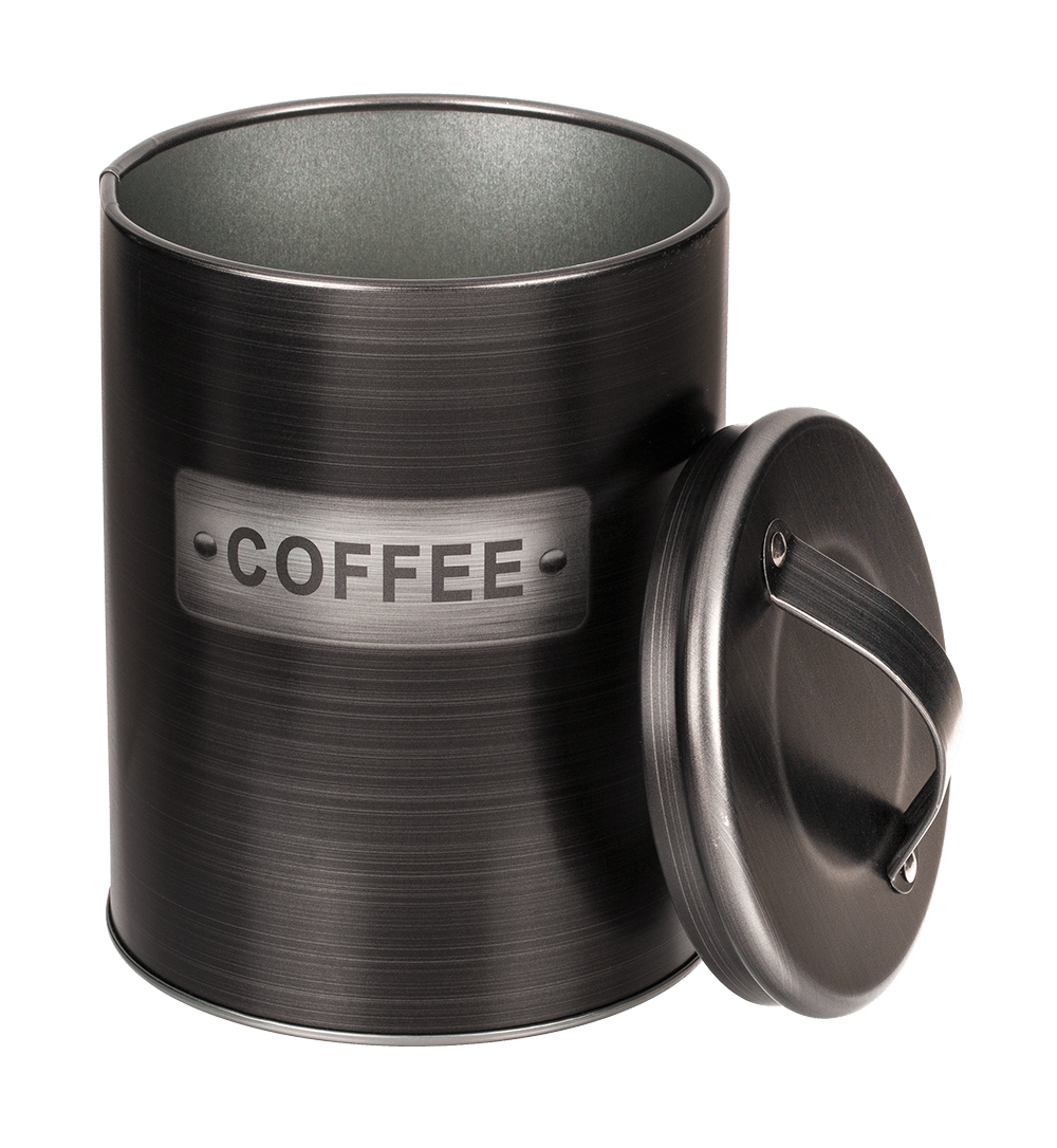 Black, round metal tin,