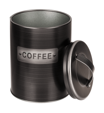Black, round metal tin,