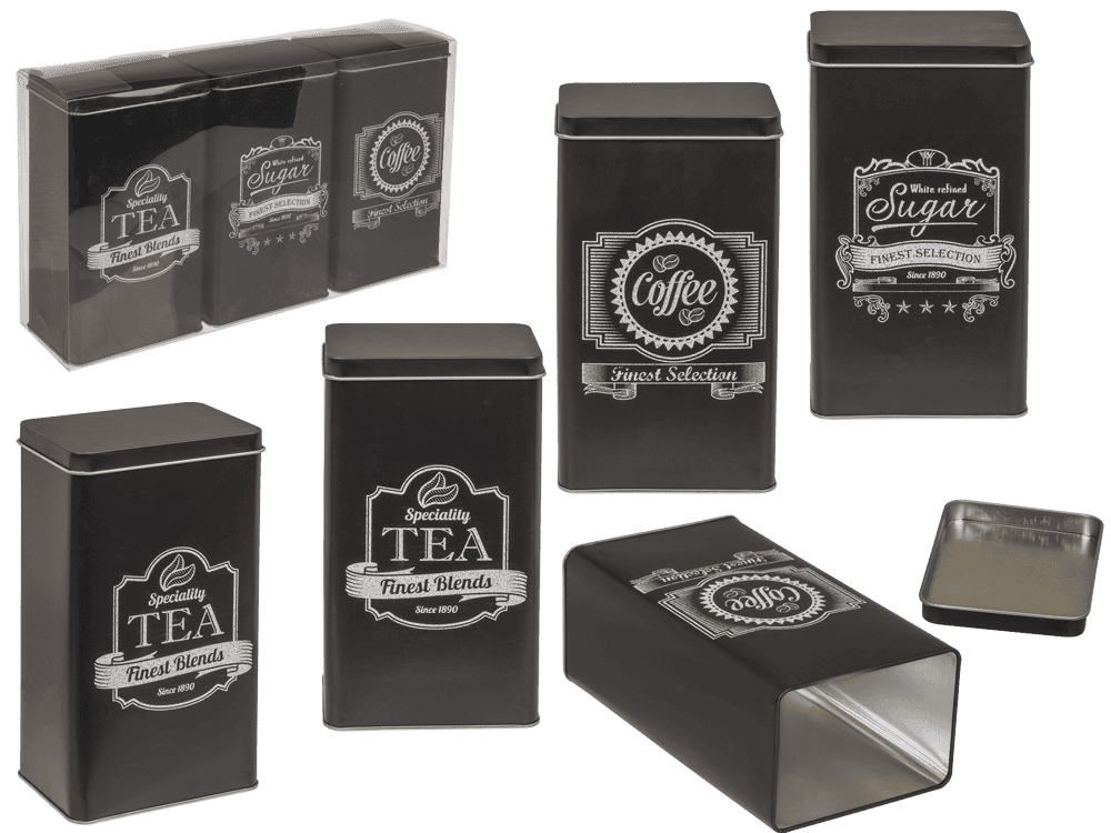 Black rectangular tin box, Coffee, Tea & Sugar,