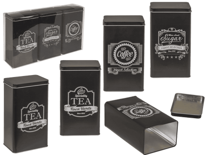 Black rectangular tin box, Coffee, Tea & Sugar,