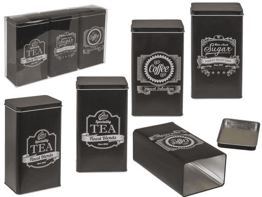 Black rectangular tin box, Coffee, Tea & Sugar,
