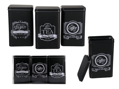 Black rectangular tin box, Coffee, Tea & Sugar,