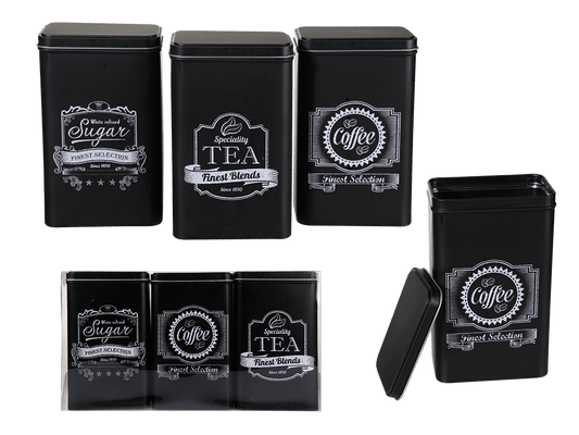 Black rectangular tin box, Coffee, Tea & Sugar,