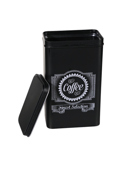 Black rectangular tin box, Coffee, Tea & Sugar,