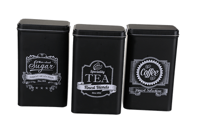 Black rectangular tin box, Coffee, Tea & Sugar,
