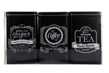 Black rectangular tin box, Coffee, Tea & Sugar,