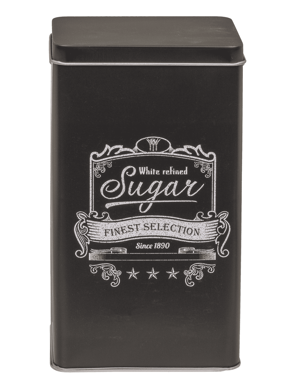 Black rectangular tin box, Coffee, Tea & Sugar,