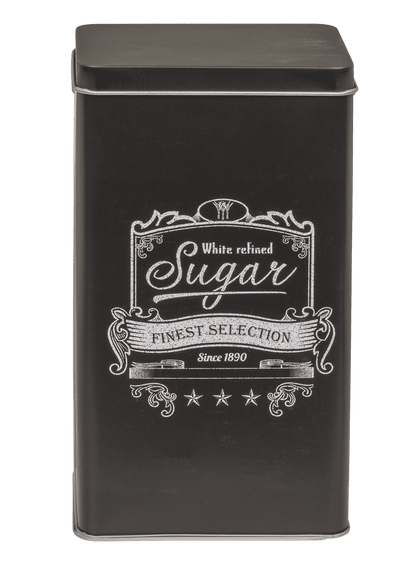 Black rectangular tin box, Coffee, Tea & Sugar,