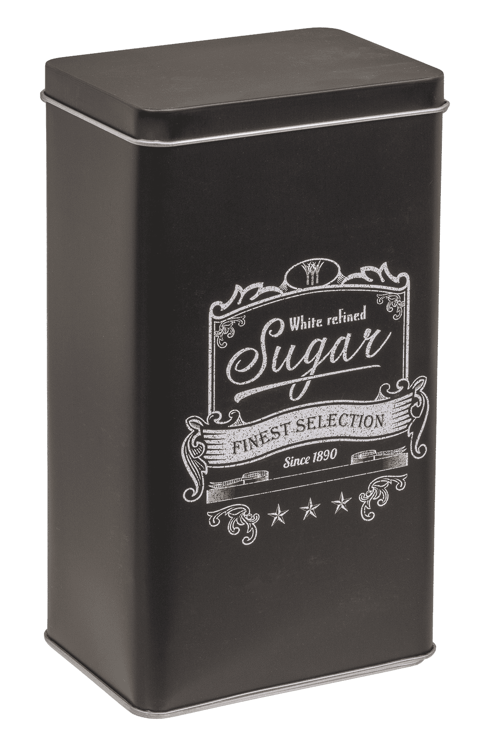Black rectangular tin box, Coffee, Tea & Sugar,