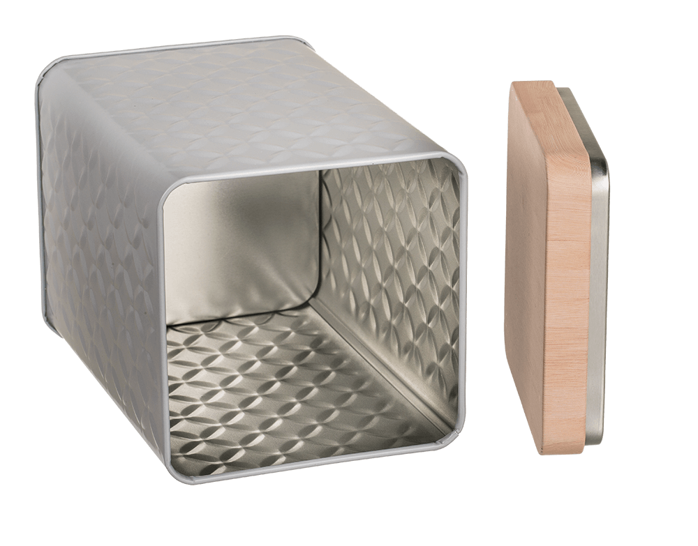 Rectangular tin box with bamboo look cover,