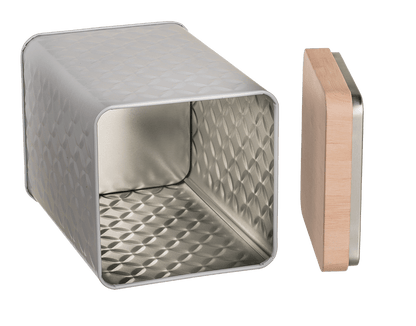 Rectangular tin box with bamboo look cover,