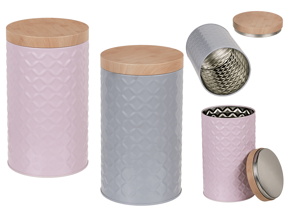 Round tin box with bamboo look cover,