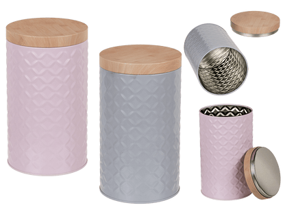 Round tin box with bamboo look cover,