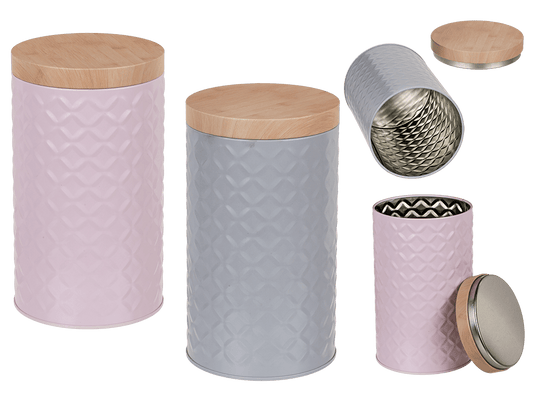 Round tin box with bamboo look cover,