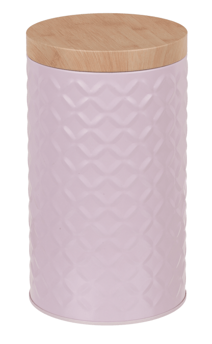 Round tin box with bamboo look cover,