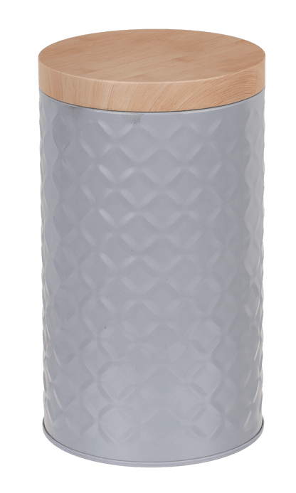Round tin box with bamboo look cover,