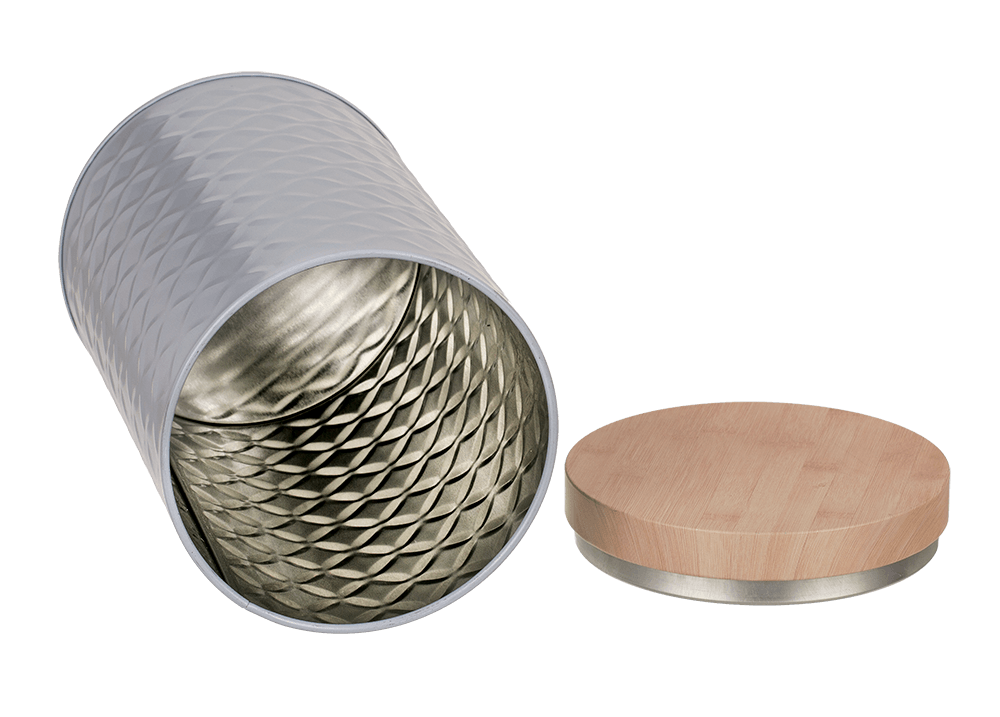 Round tin box with bamboo look cover,
