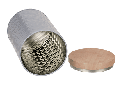 Round tin box with bamboo look cover,