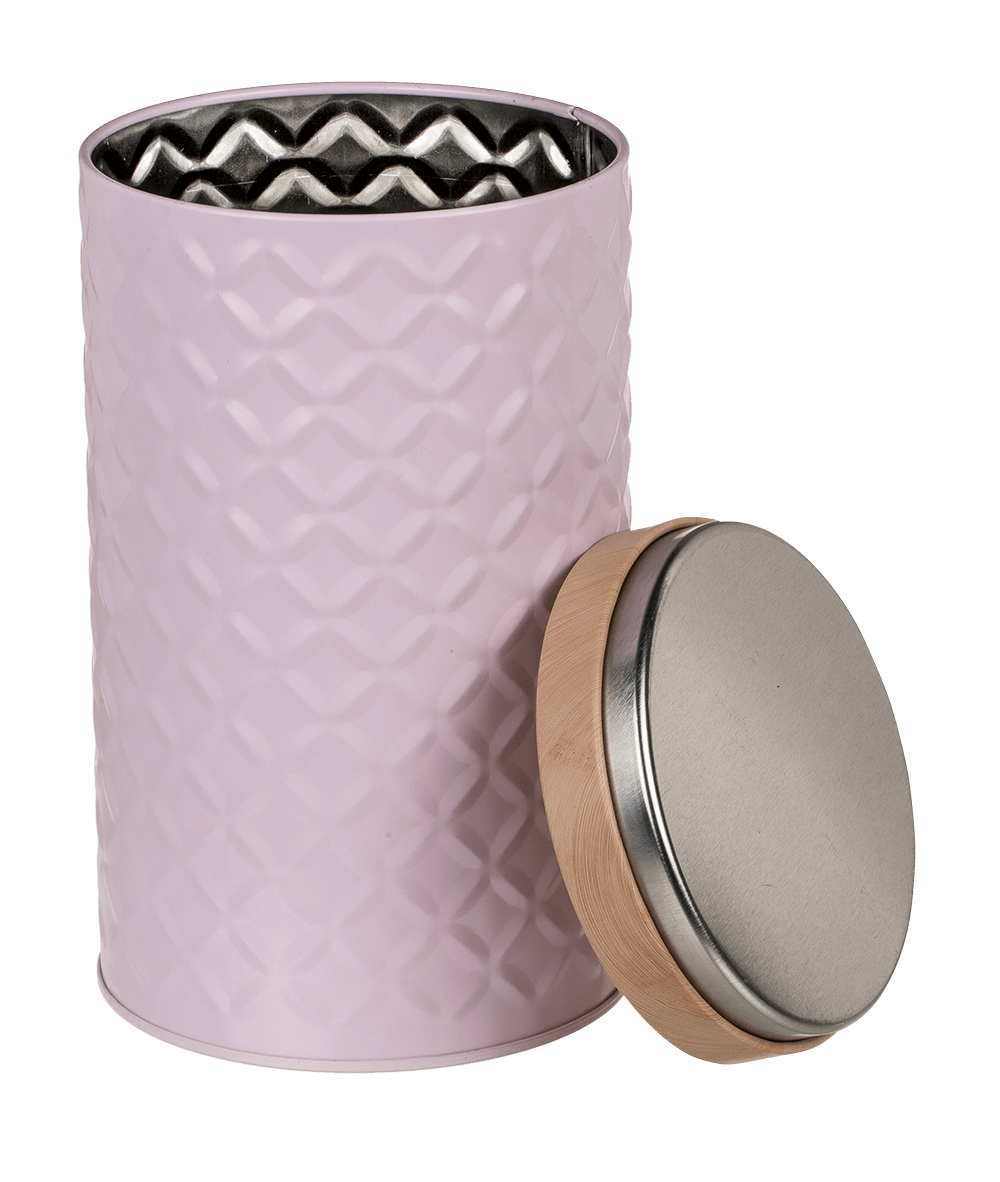 Round tin box with bamboo look cover,