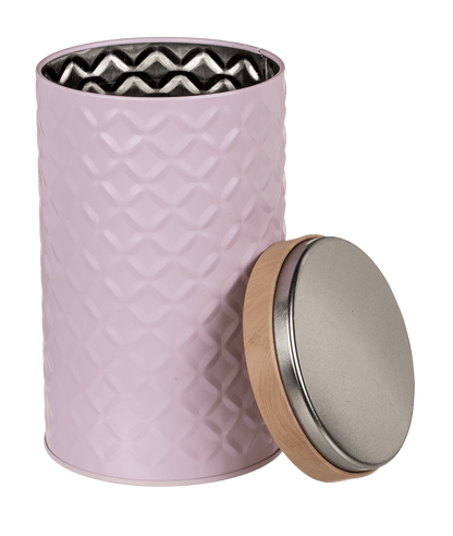 Round tin box with bamboo look cover,